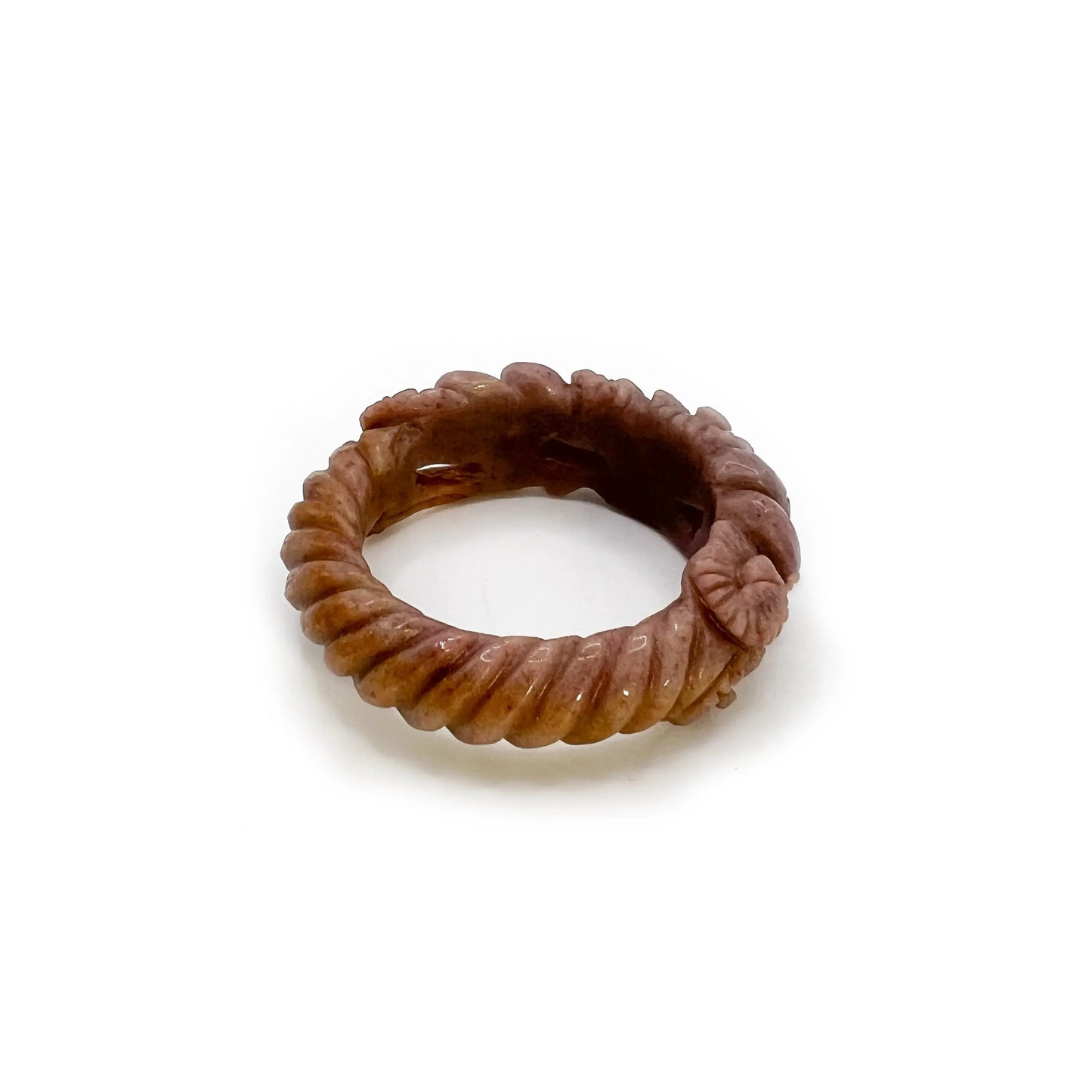 Twisted bangle bracelet carved from Mongolian jade quartzite in deep purple and yellow, featuring delicate hand-carved daisies and a natural textured twist design.