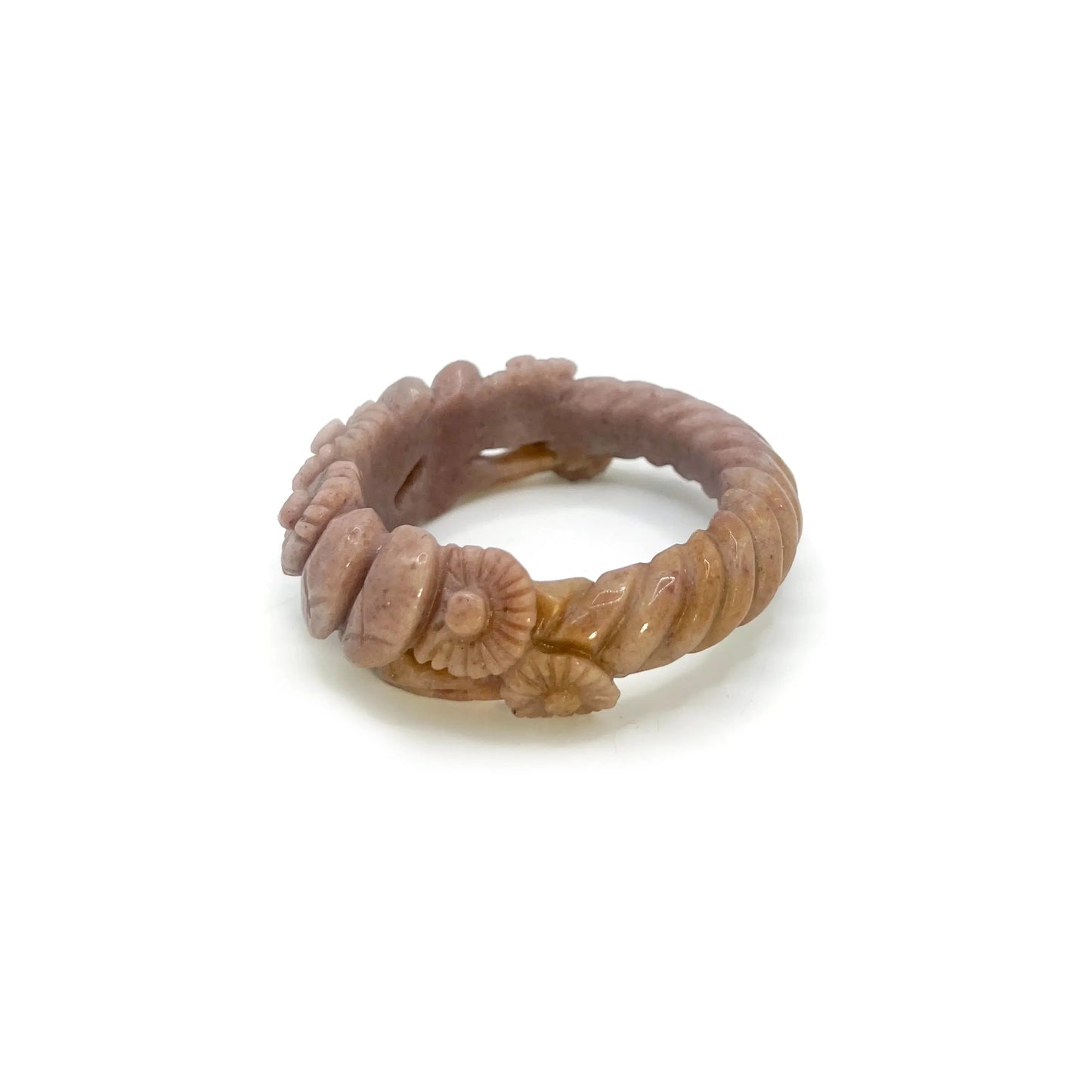Twisted bangle bracelet carved from Mongolian jade quartzite in deep purple and yellow, featuring delicate hand-carved daisies and a natural textured twist design.