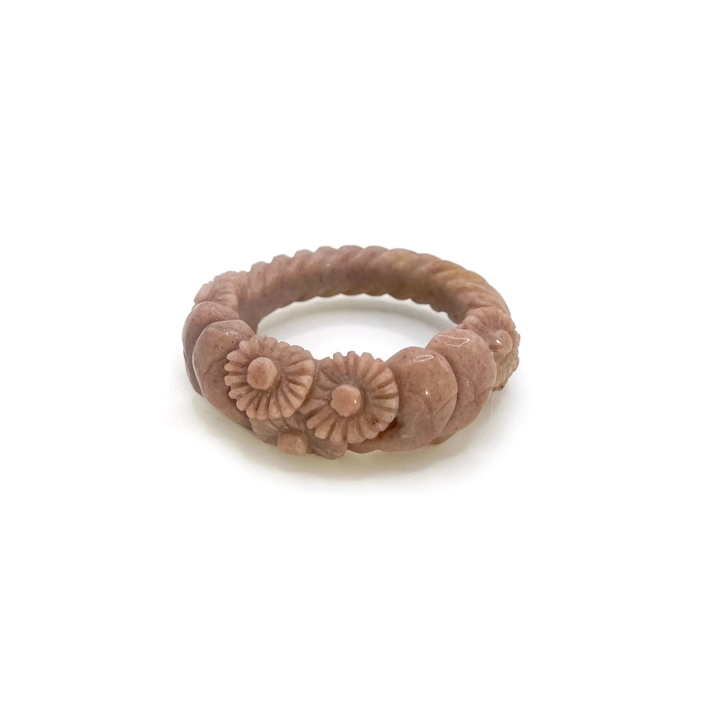 Twisted bangle bracelet carved from Mongolian jade quartzite in deep purple and yellow, featuring delicate hand-carved daisies and a natural textured twist design.
