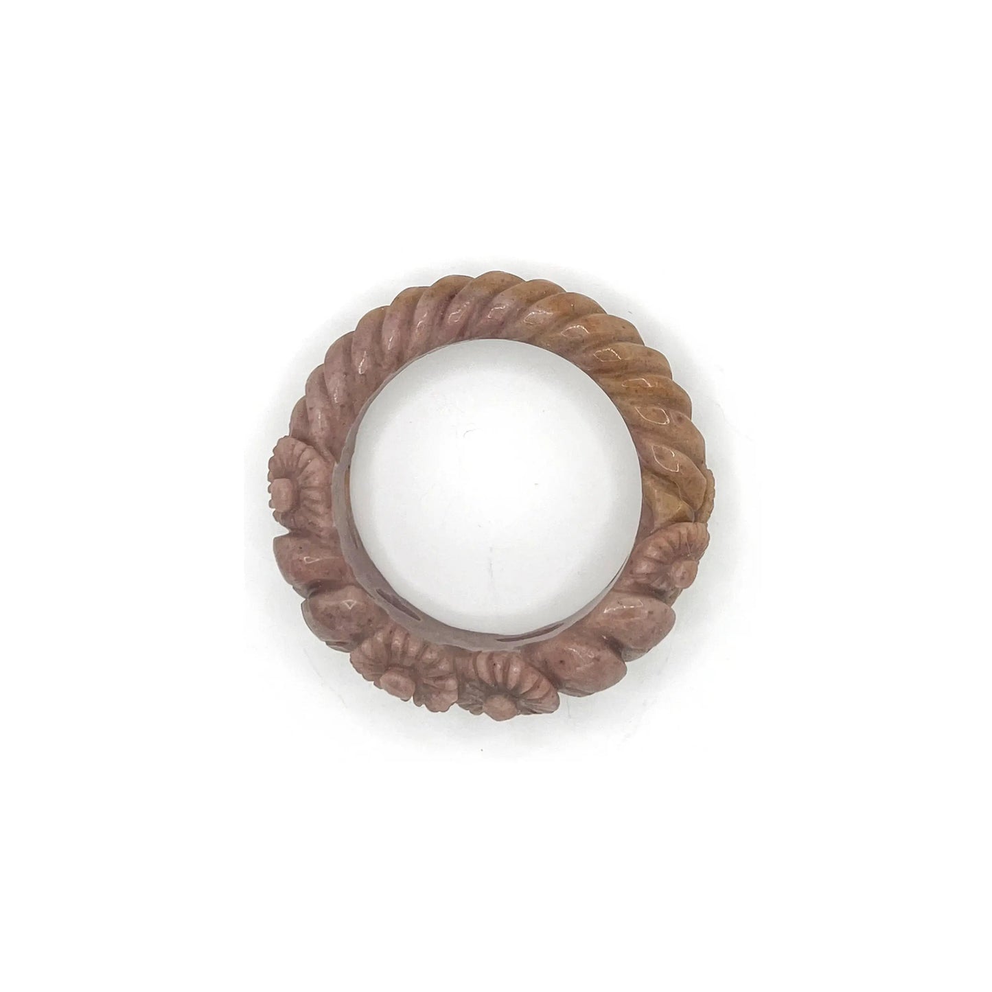 Twisted bangle bracelet carved from Mongolian jade quartzite in deep purple and yellow, featuring delicate hand-carved daisies and a natural textured twist design.