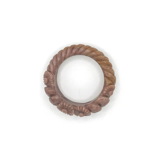 Twisted bangle bracelet carved from Mongolian jade quartzite in deep purple and yellow, featuring delicate hand-carved daisies and a natural textured twist design.