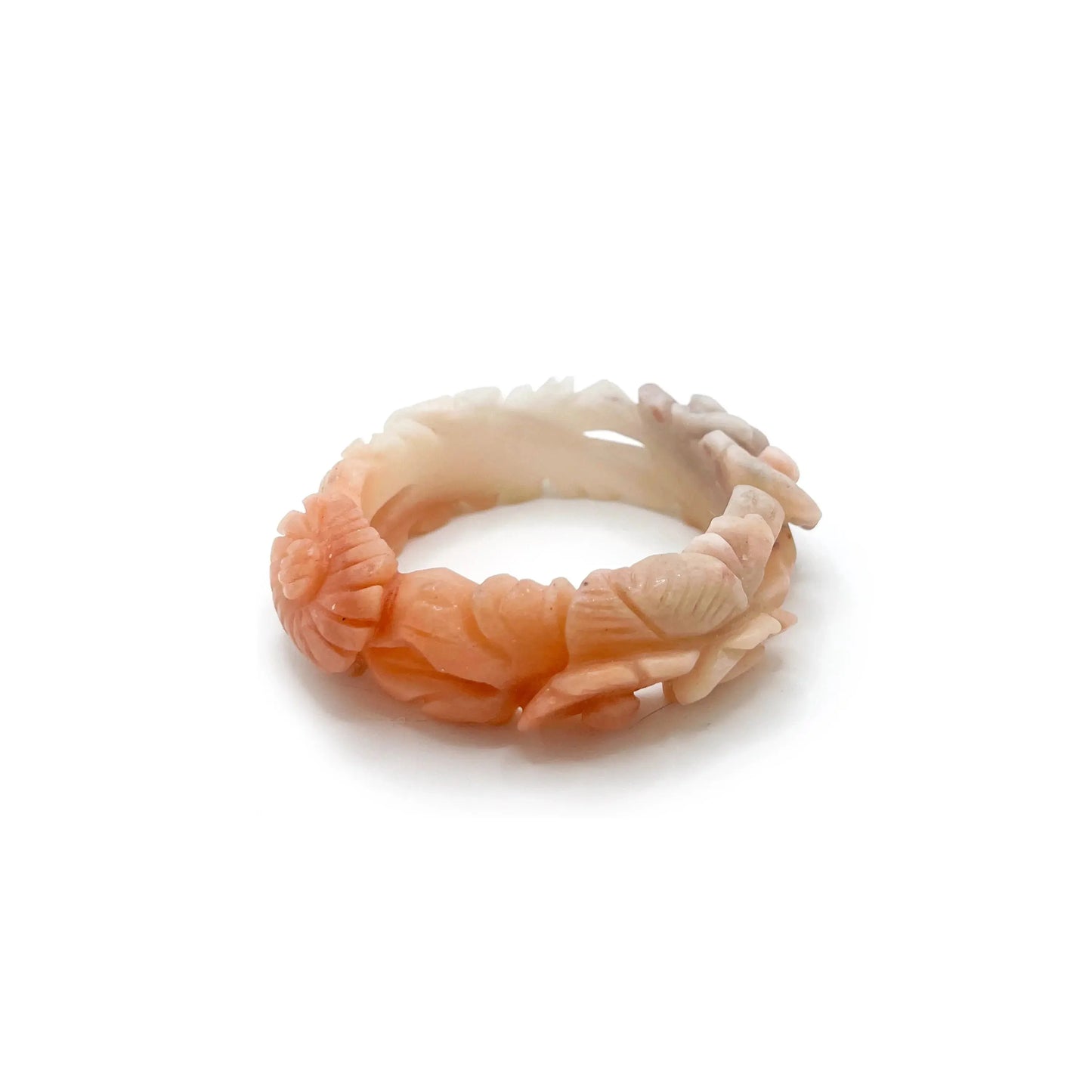 Carved jade bangle featuring multicolor Mongolian jade in vibrant red, orange, pink, purple, and white tones with intricate floral cutouts and openwork design. - Miruzi