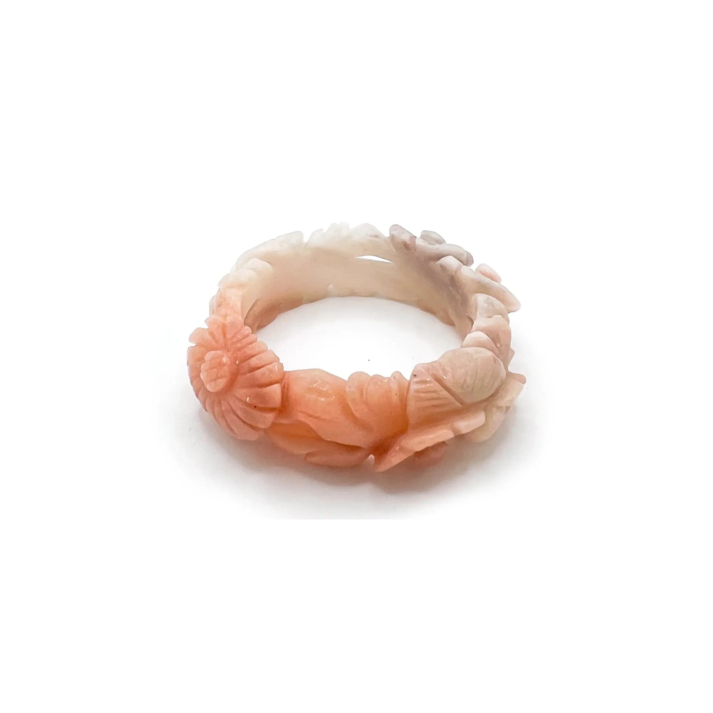 Carved jade bangle featuring multicolor Mongolian jade in vibrant red, orange, pink, purple, and white tones with intricate floral cutouts and openwork design. - Miruzi