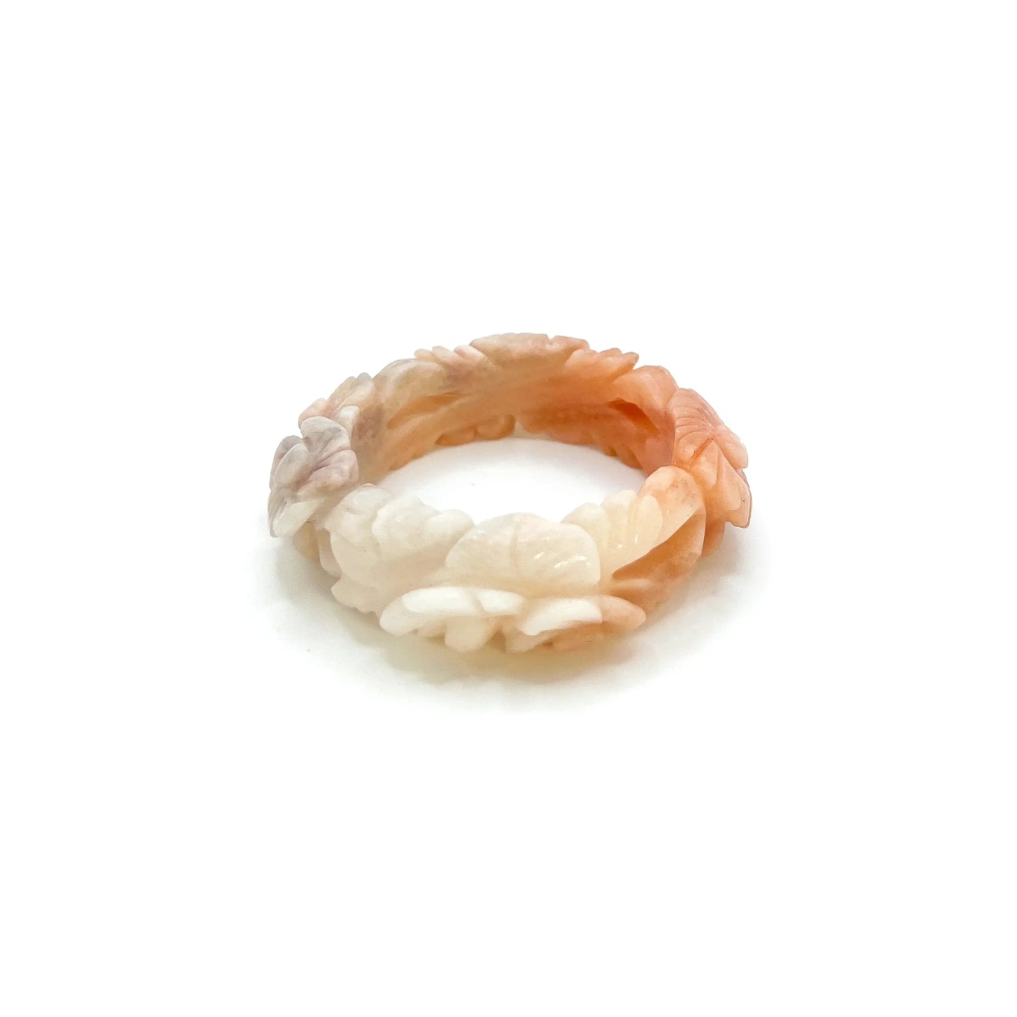 Carved jade bangle featuring multicolor Mongolian jade in vibrant red, orange, pink, purple, and white tones with intricate floral cutouts and openwork design. - Miruzi