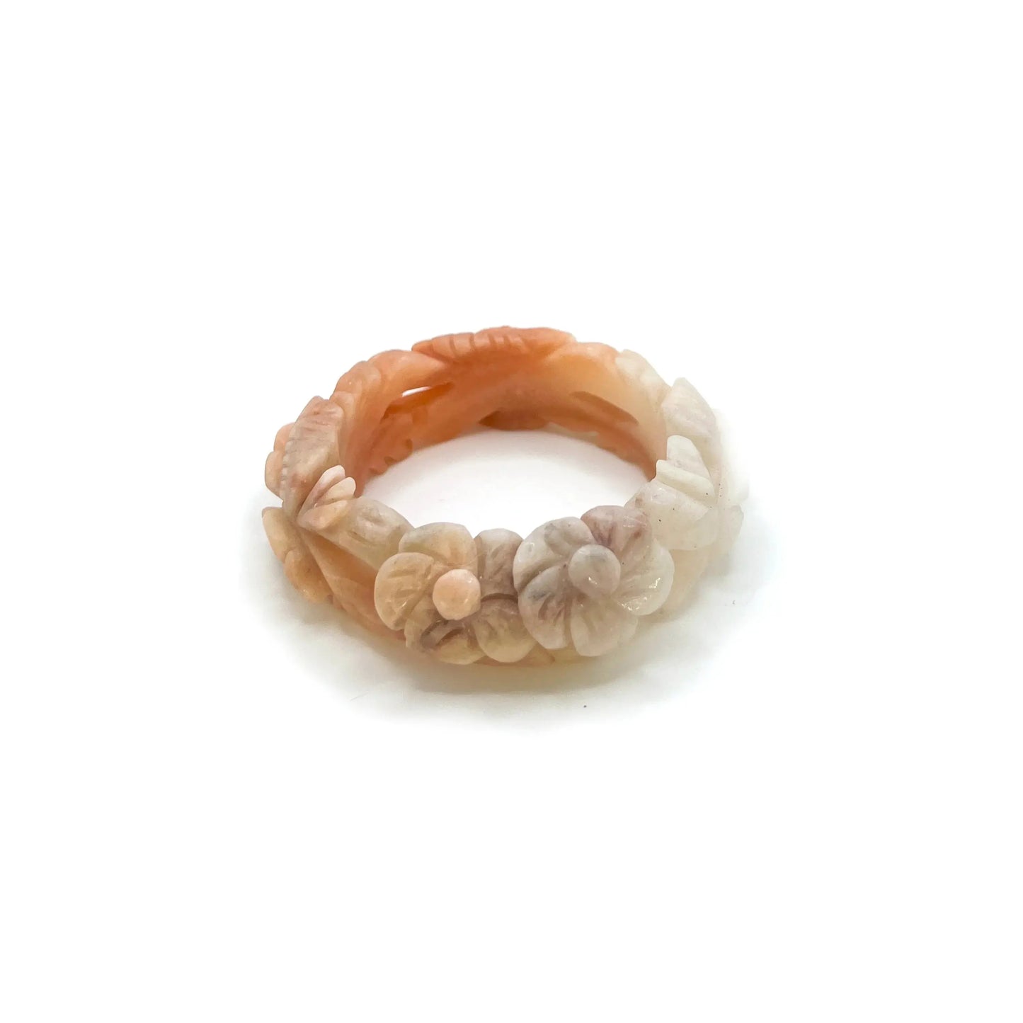 Carved jade bangle featuring multicolor Mongolian jade in vibrant red, orange, pink, purple, and white tones with intricate floral cutouts and openwork design. - Miruzi