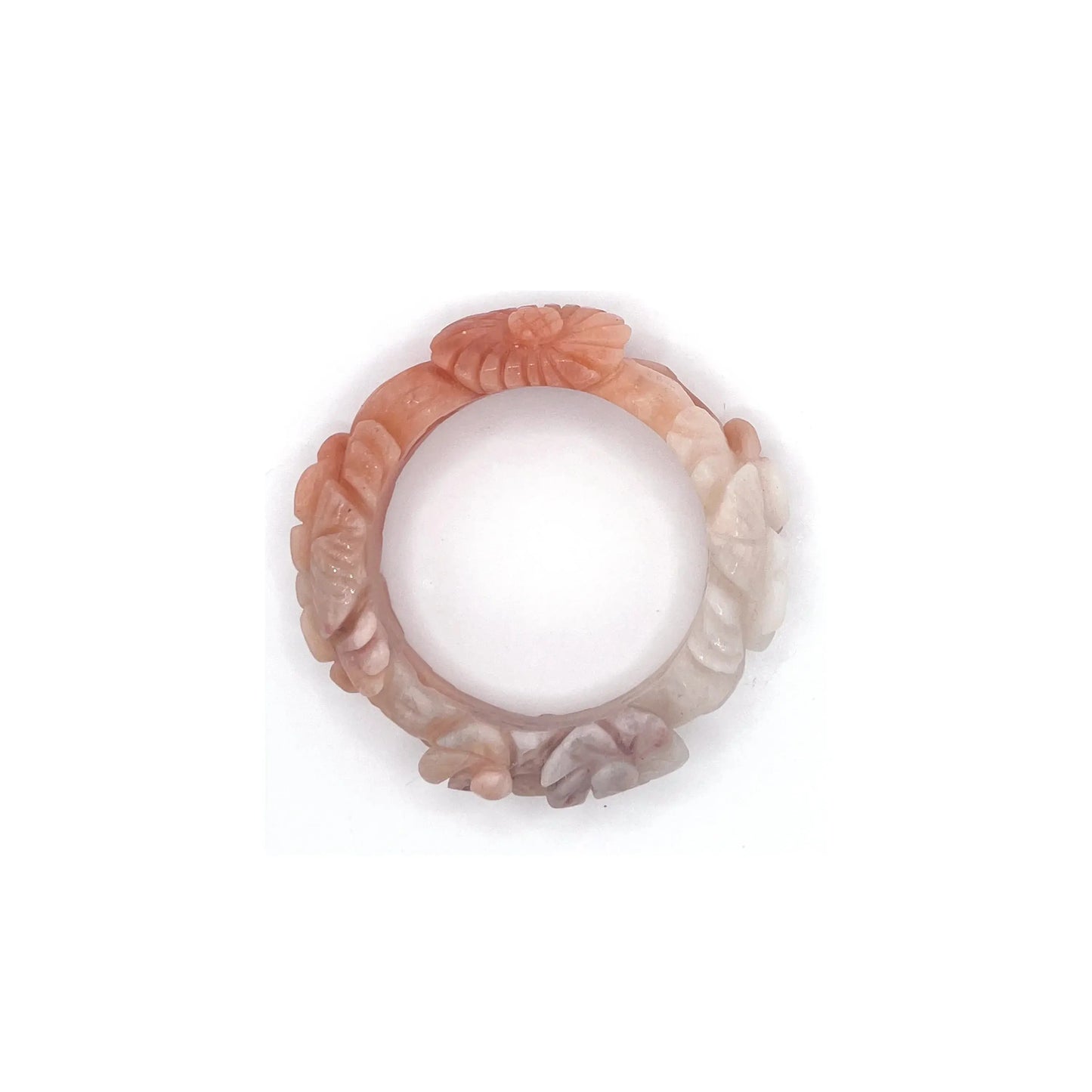 Carved jade bangle featuring multicolor Mongolian jade in vibrant red, orange, pink, purple, and white tones with intricate floral cutouts and openwork design. - Miruzi