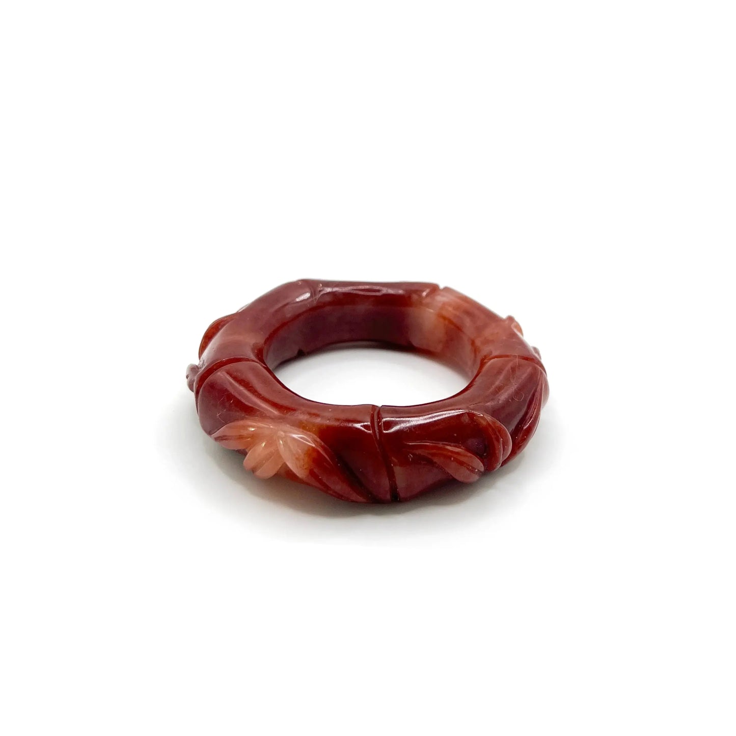 Bamboo bangle carved from red Mongolian jade quartzite with a glossy finish, featuring traditional segmented bamboo design symbolizing resilience and growth. - Miruzi