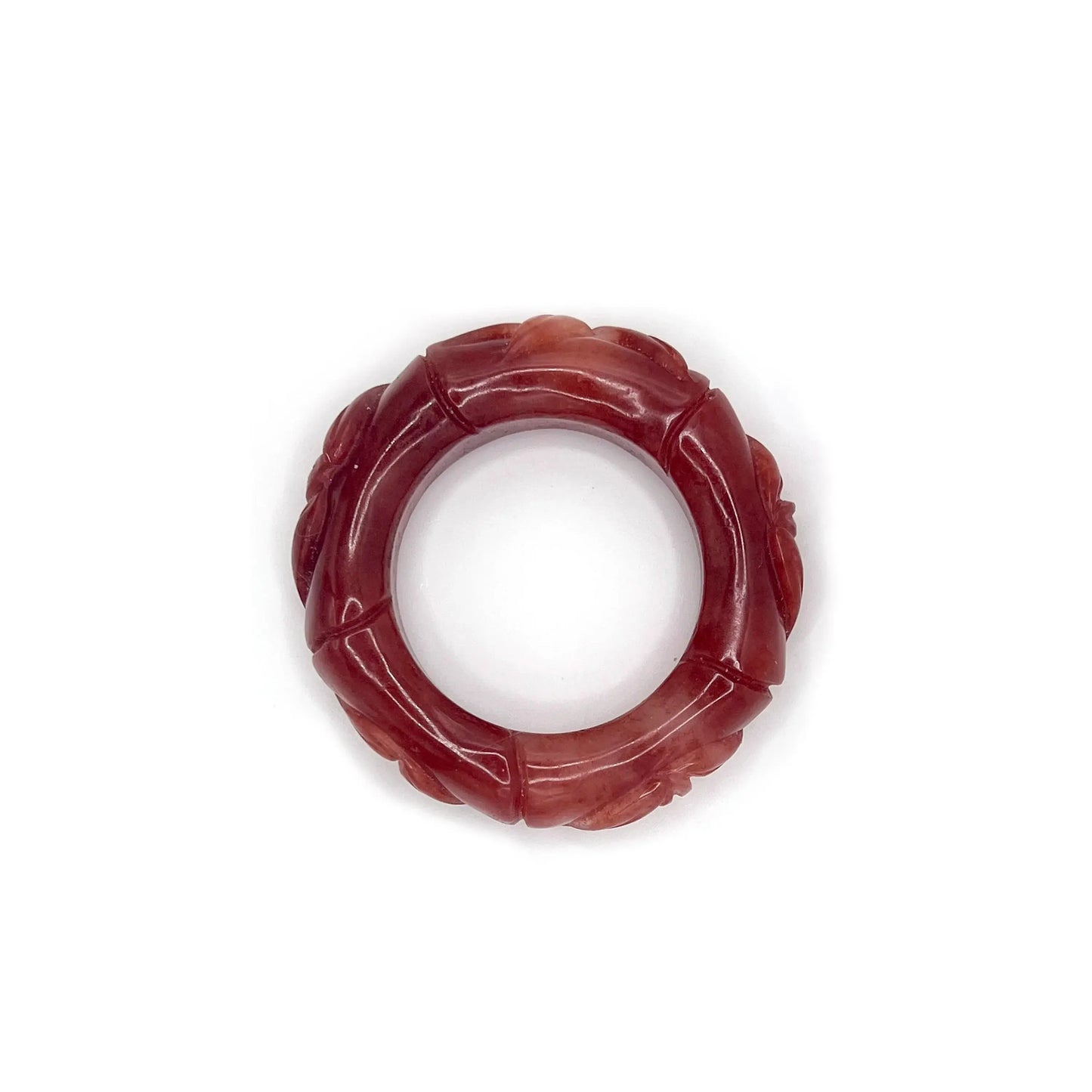 Bamboo bangle carved from red Mongolian jade quartzite with a glossy finish, featuring traditional segmented bamboo design symbolizing resilience and growth. - Miruzi