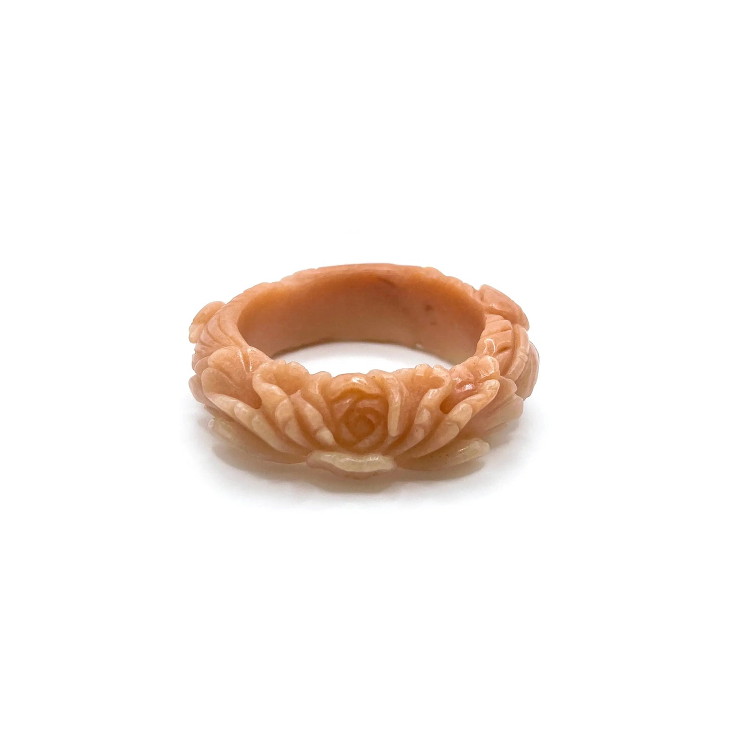 Carved jade bangle in Padparadscha-colored Mongolian jade quartzite, featuring detailed phoenix and peony carvings symbolizing rebirth, prosperity, and love. - Miruzi