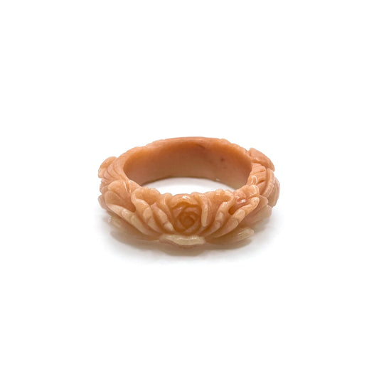 Carved jade bangle in Padparadscha-colored Mongolian jade quartzite, featuring detailed phoenix and peony carvings symbolizing rebirth, prosperity, and love. - Miruzi