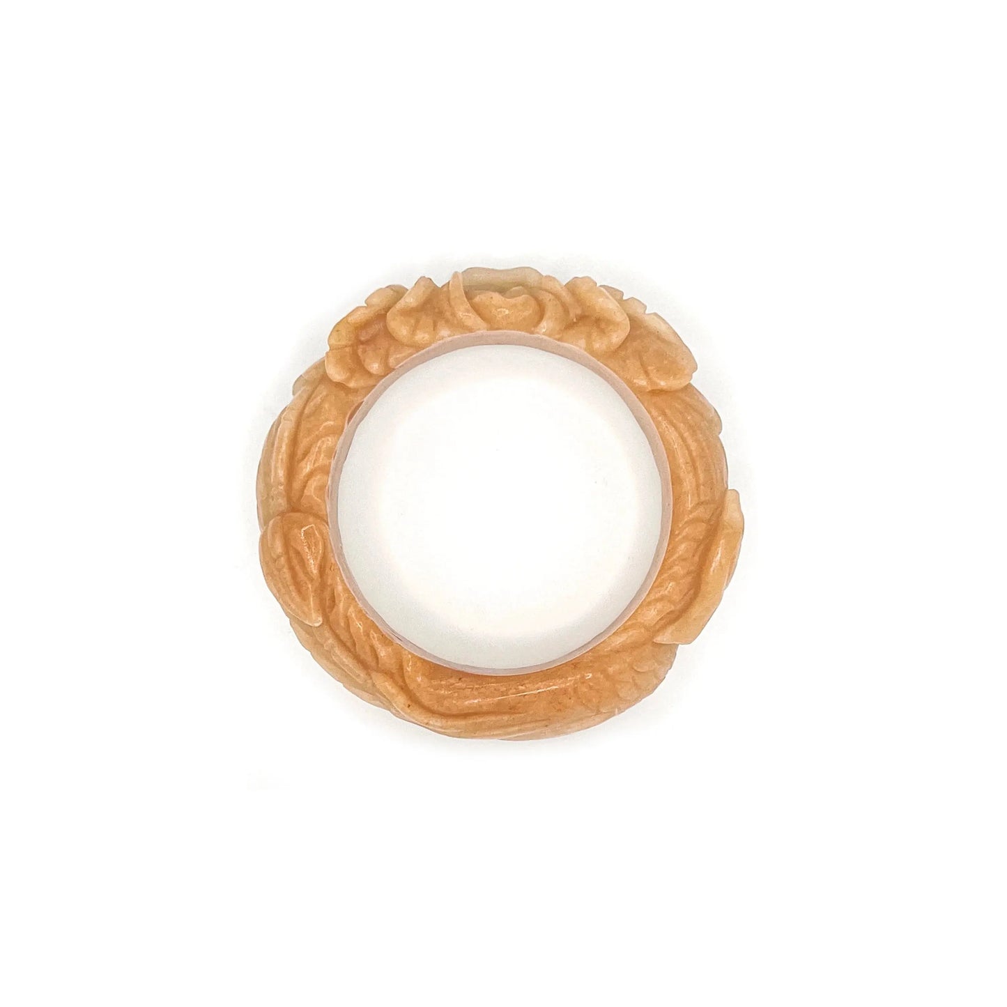Carved jade bangle in Padparadscha-colored Mongolian jade quartzite, featuring detailed phoenix and peony carvings symbolizing rebirth, prosperity, and love. - Miruzi