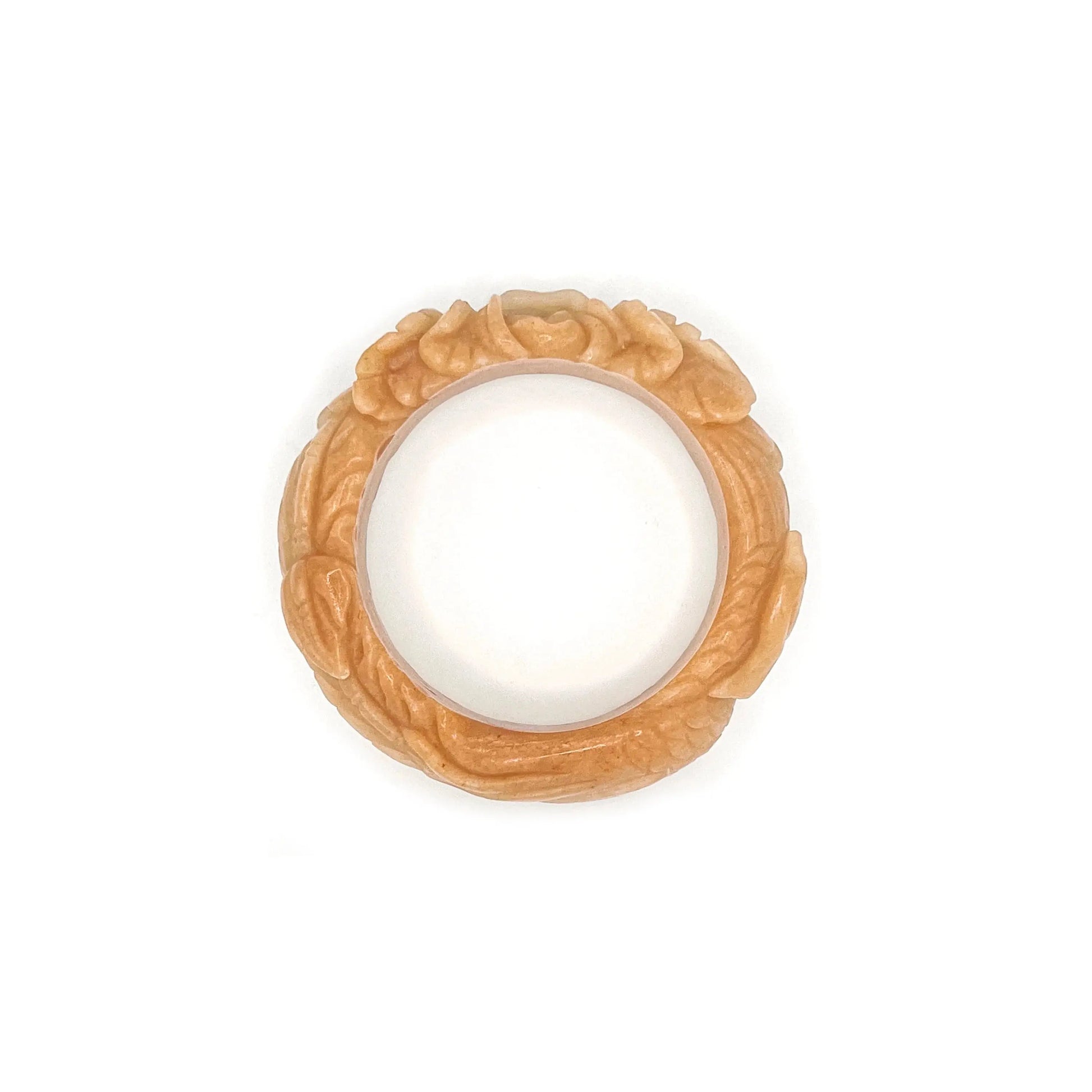 Carved jade bangle in Padparadscha-colored Mongolian jade quartzite, featuring detailed phoenix and peony carvings symbolizing rebirth, prosperity, and love. - Miruzi