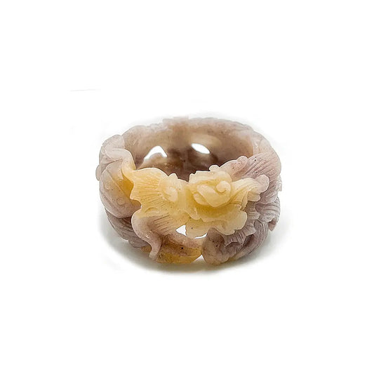 Artistic fine jewelry jade bangle featuring a hand-carved dragon chasing a pearl, in purple and golden Mongolian quartzite—symbolizing prosperity and strength. - Miruzi