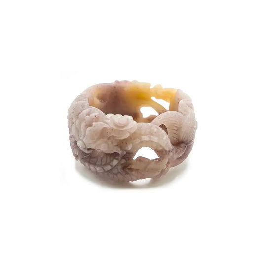 Artistic fine jewelry jade bangle featuring a hand-carved dragon chasing a pearl, in purple and golden Mongolian quartzite—symbolizing prosperity and strength. - Miruzi