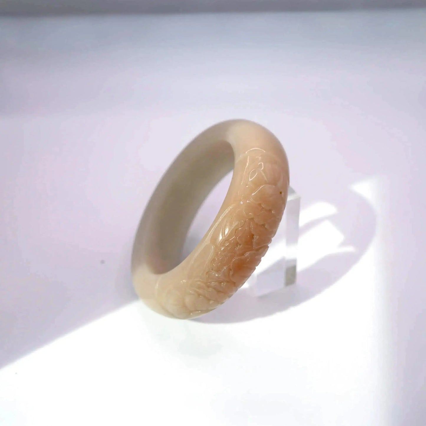 Beige Jade Bangle – Single Peony Carving in Natural Mongolian Stone Miruzi