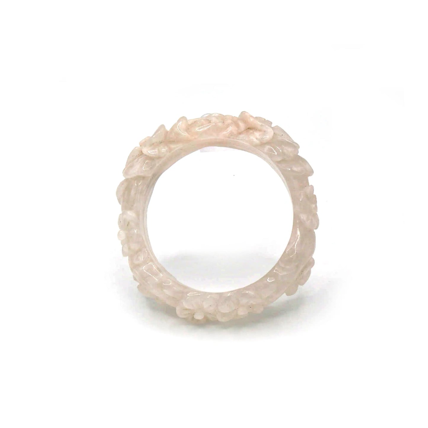 Light Pink Jade Bangle – Carved Peony and Plum Blossom in Translucent Mongolian Stone Miruzi