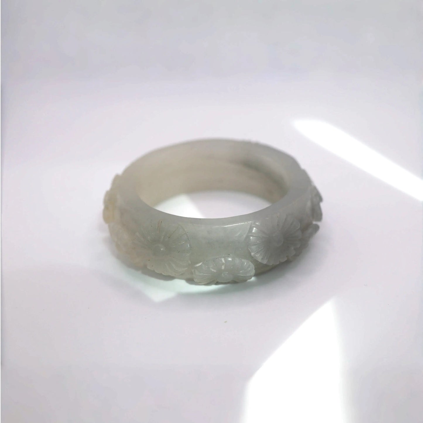Daisy Bracelet – Carved Mongolian Jade Bangle in Smoky White and Charcoal Tones Miruzi