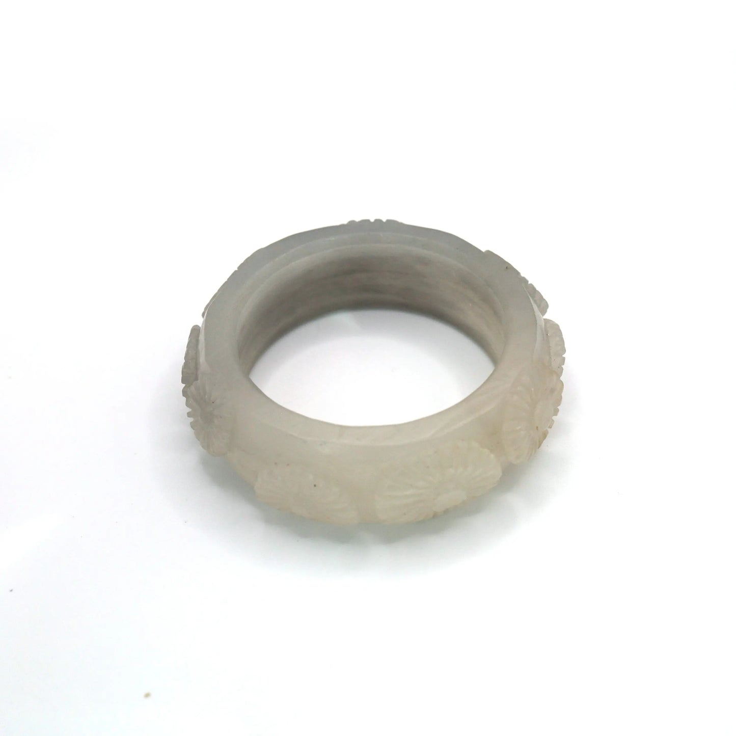 Daisy Bracelet – Carved Mongolian Jade Bangle in Smoky White and Charcoal Tones Miruzi