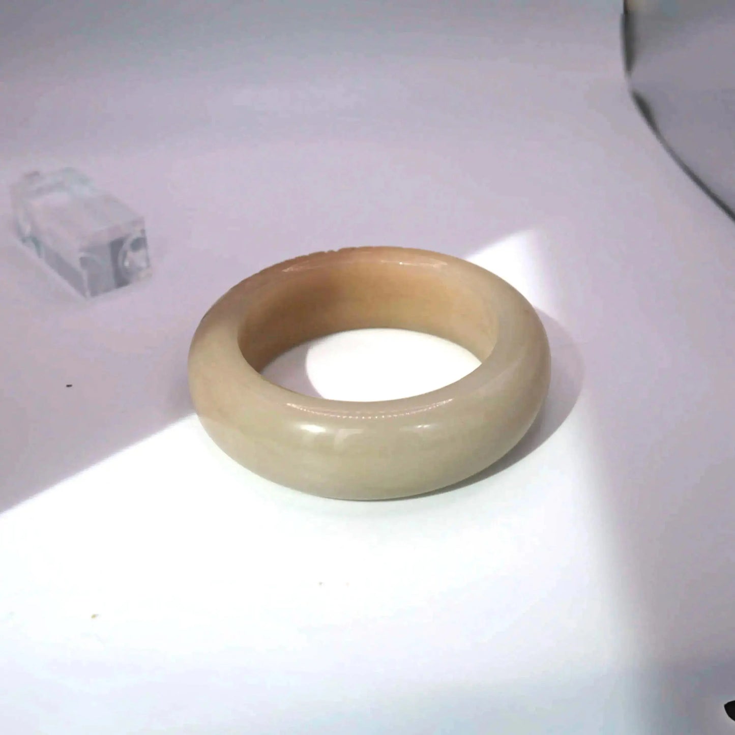 Beige Jade Bangle – Single Peony Carving in Natural Mongolian Stone Miruzi