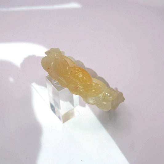 Yellow Jade Bangle – Carved Peony and Plum Blossom in Mongolian Stone Miruzi