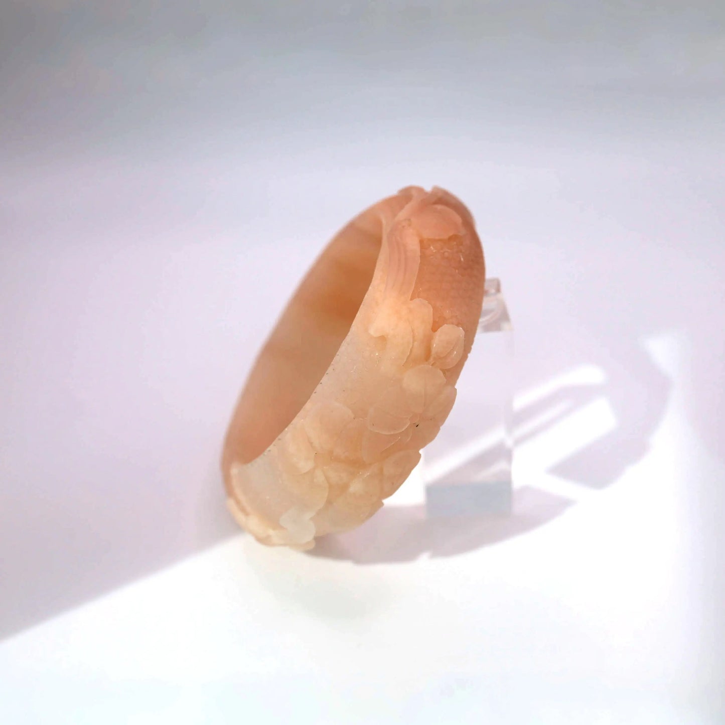 Lotus Leaf Jewelry – Hand-Carved Mongolian Jade Bangle in Peach Blush Miruzi