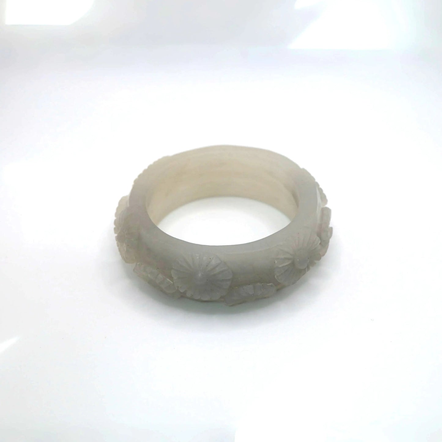 Daisy Bracelet – Carved Mongolian Jade Bangle in Smoky White and Charcoal Tones Miruzi