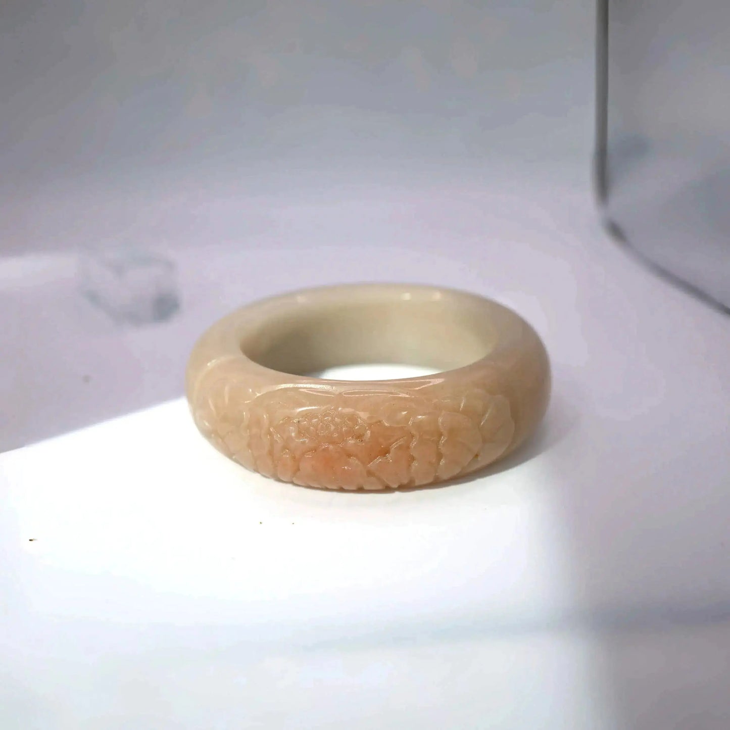 Beige Jade Bangle – Single Peony Carving in Natural Mongolian Stone Miruzi