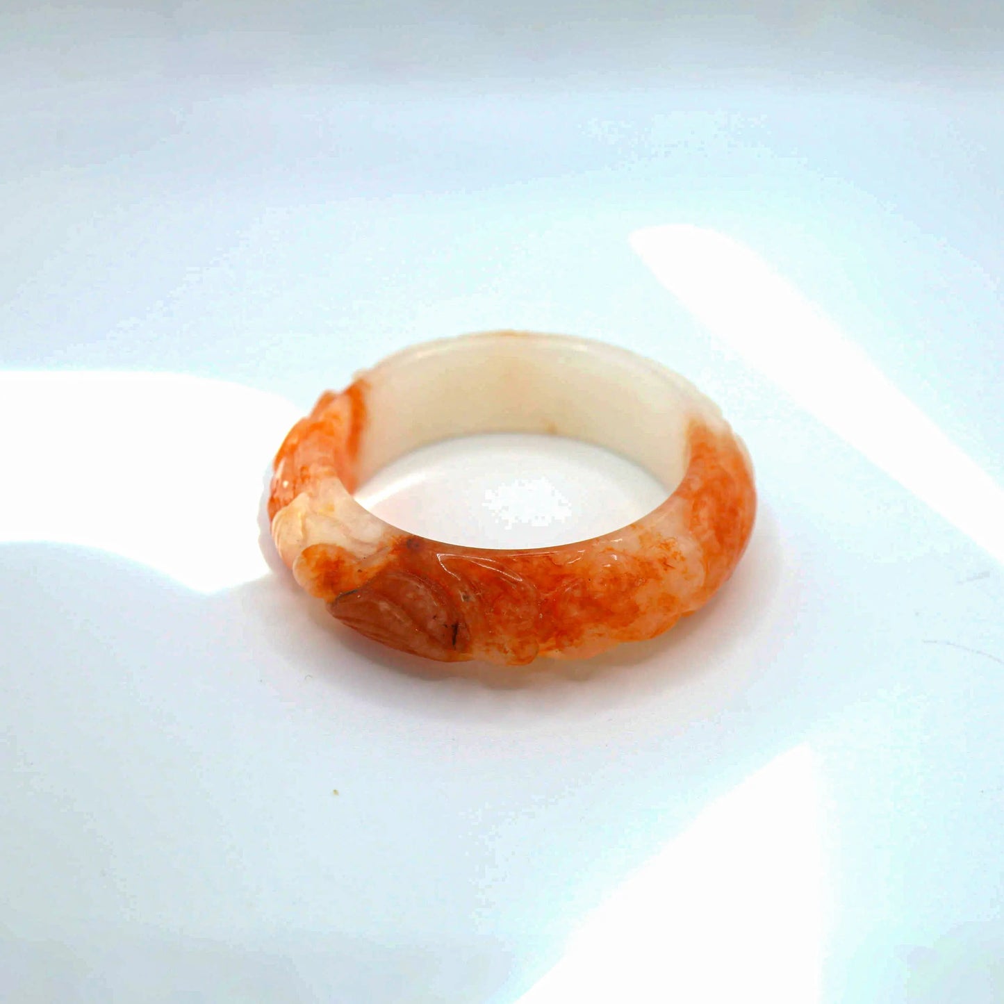 Orange Jade Bangle – Carved Lotus and Goldfish in Mongolian Stone Miruzi