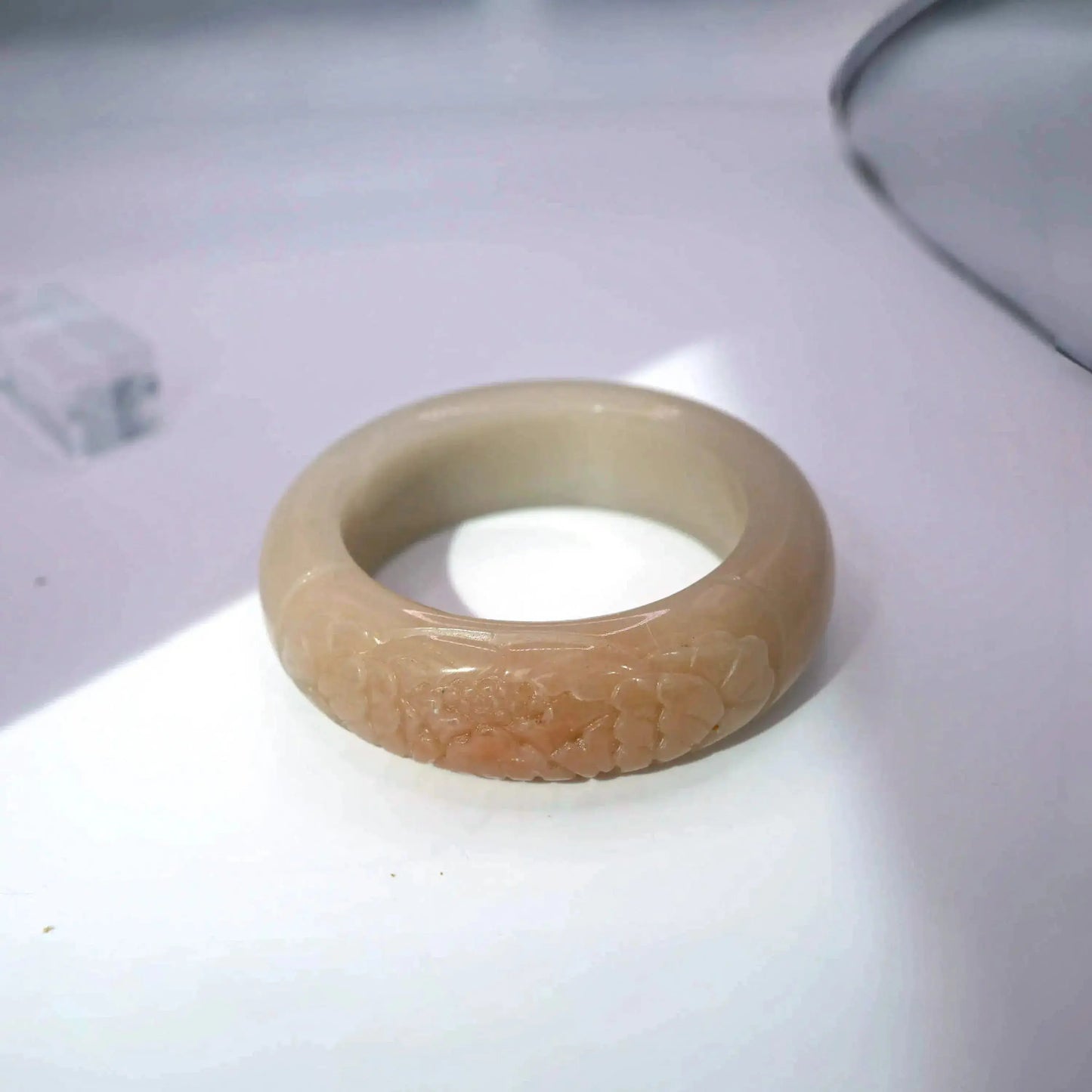 Beige Jade Bangle – Single Peony Carving in Natural Mongolian Stone Miruzi