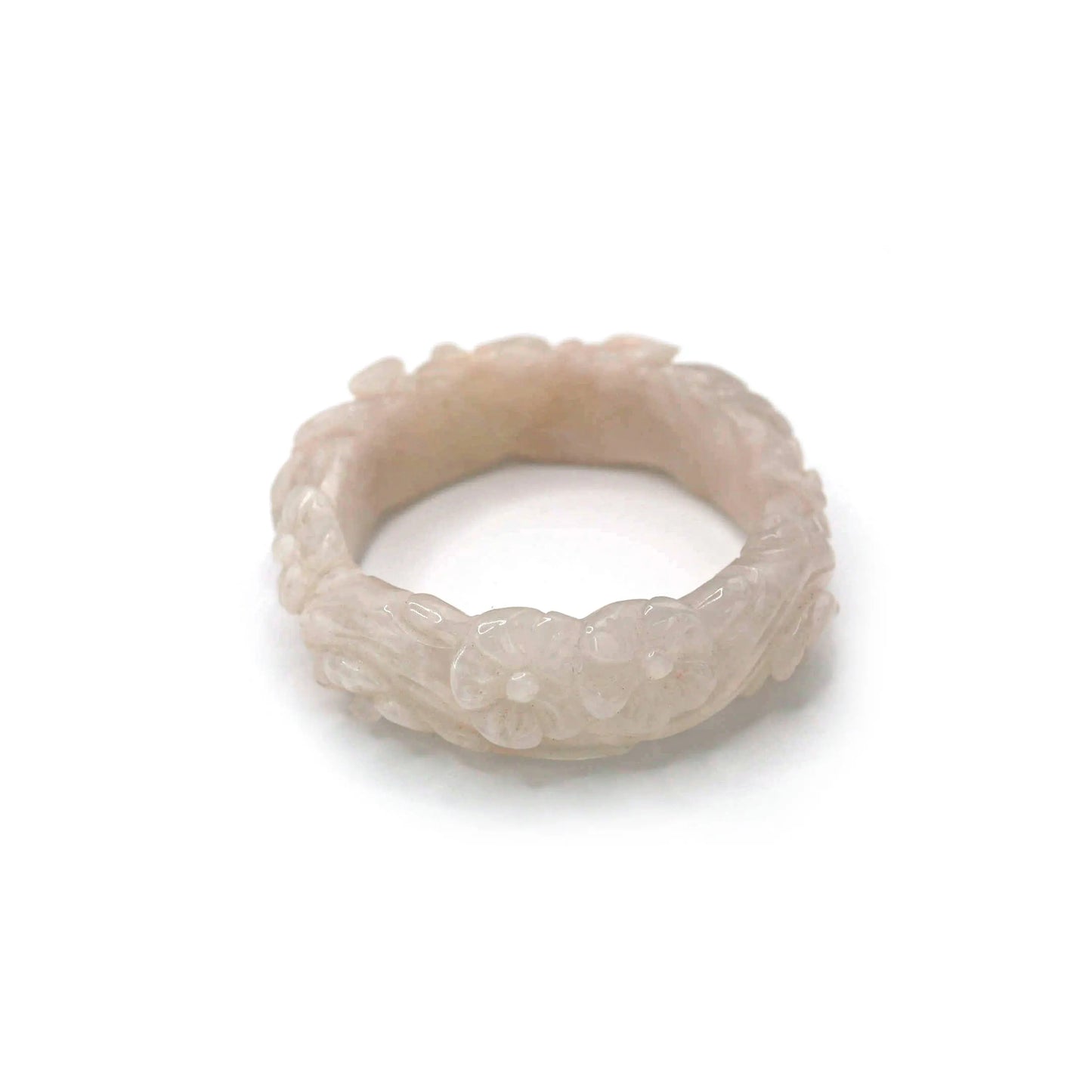 Extra small jade bracelet with hand-carved botanical design in pastel pink and white