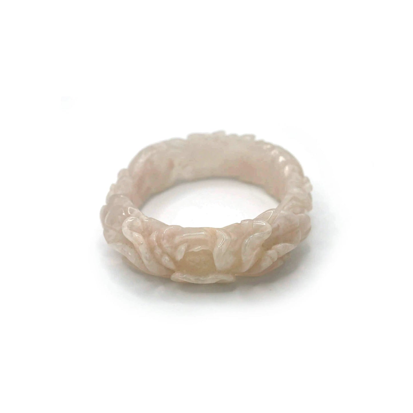 Hand-carved light pink jade bangle with peony and plum blossom floral carving for extra small wrists