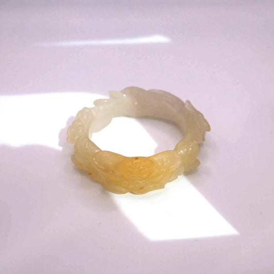 Yellow Jade Bangle – Carved Peony and Plum Blossom in Mongolian Stone Miruzi