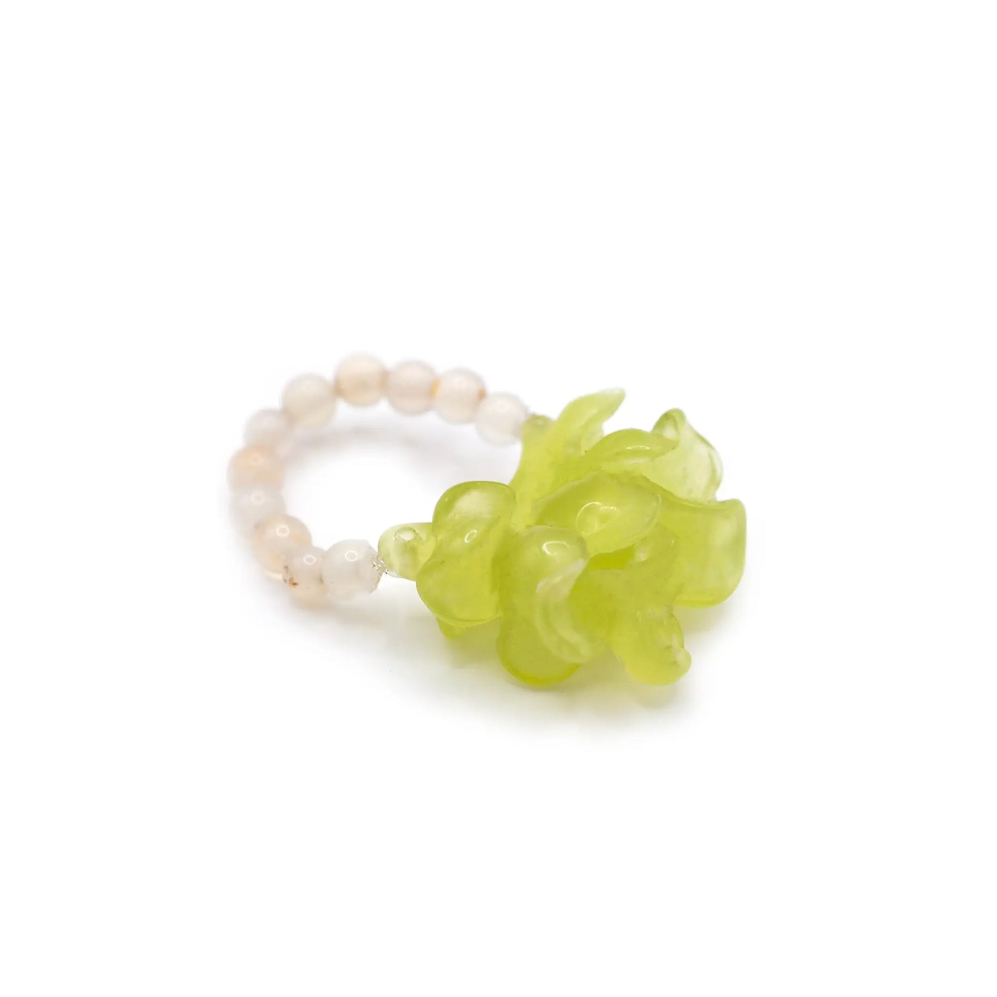 Adjustable Summer Peony Dream Ring crafted from translucent serpentine with a lemon yellow tint, featuring a beautifully carved three-dimensional peony, symbolizing prosperity and romance. Perfect for pairing with summer dresses, this ring combines elegance and a vibrant summer theme.