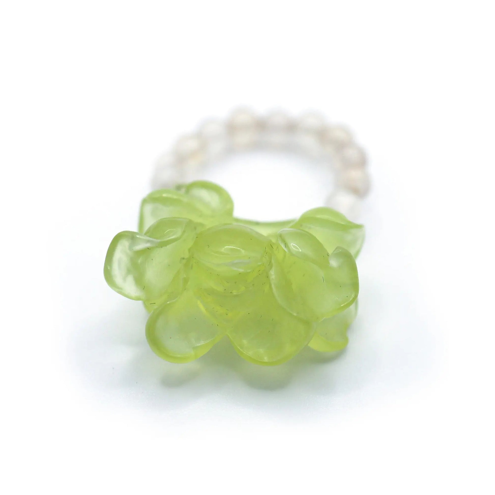 Adjustable Summer Peony Dream Ring crafted from translucent serpentine with a lemon yellow tint, featuring a beautifully carved three-dimensional peony, symbolizing prosperity and romance. Perfect for pairing with summer dresses, this ring combines elegance and a vibrant summer theme.