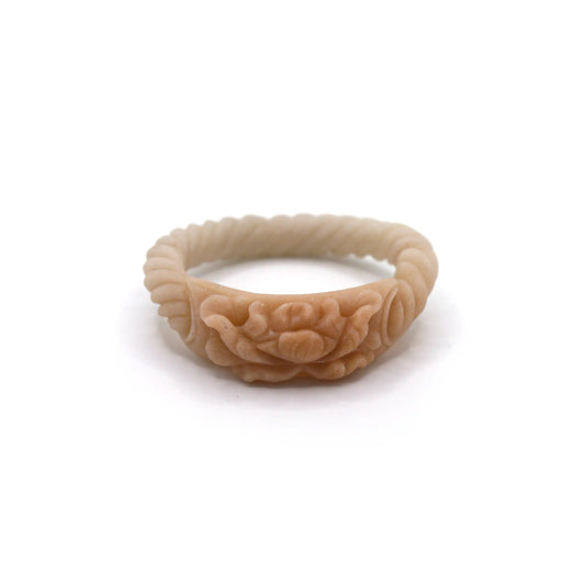Handcrafted Mongolian quartzite jade bracelet with a twisted beige band and caramel peony plaque in full relief floral carving – Miruzi