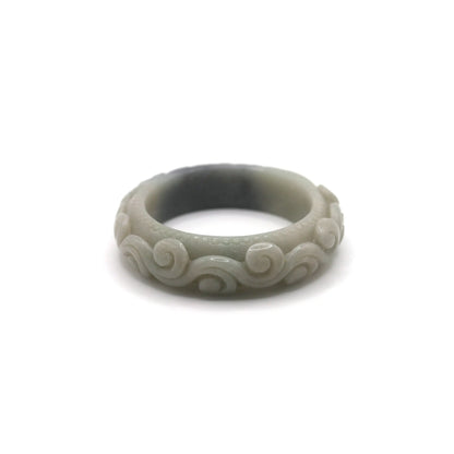 Mongolian quartzite jade bangle with a sculpted peony in gray-black tone and surrounded by cloud patterns and engraved ring details – Miruzi