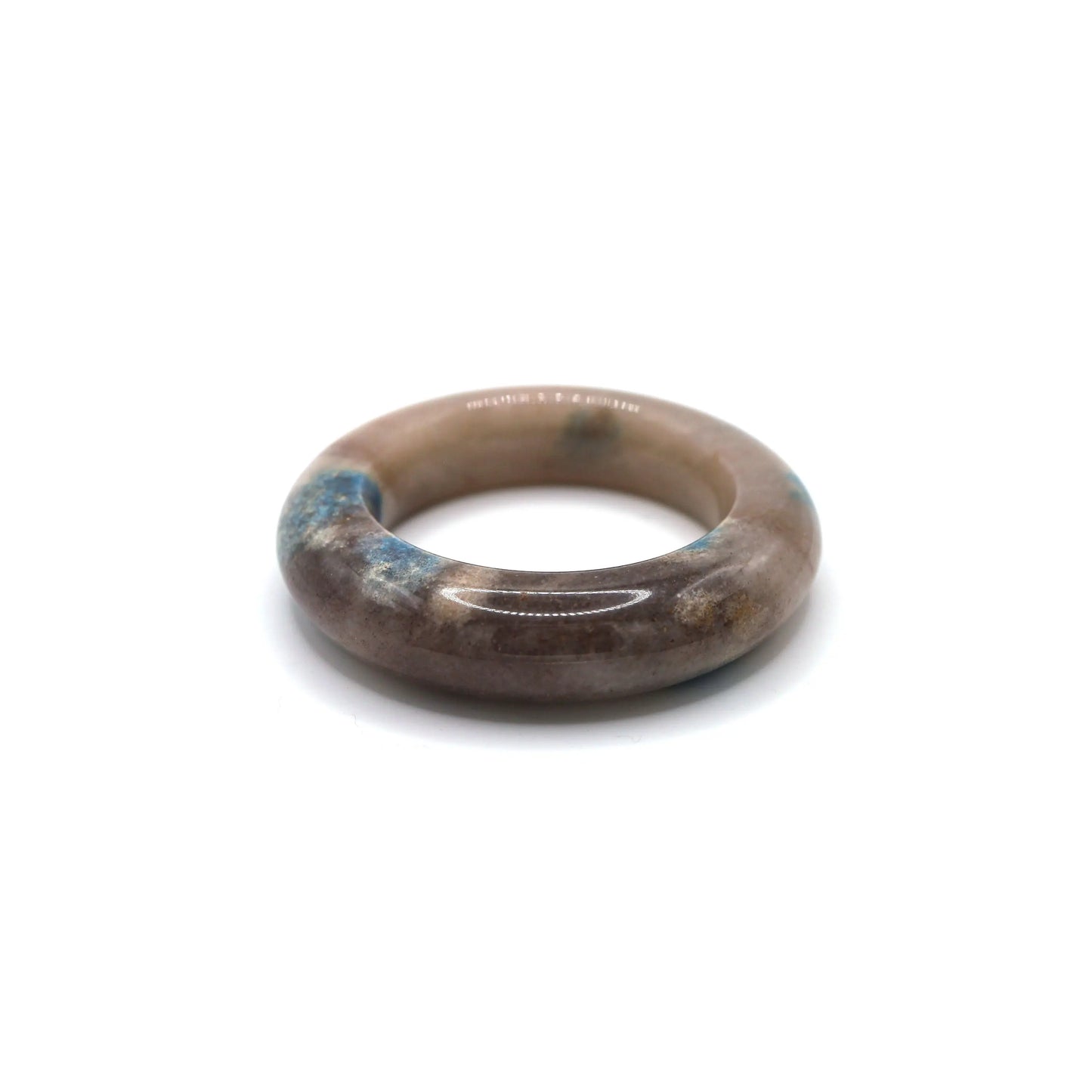 Polished Mongolian jade bangle with pastel blue and purple pigments diffused across a translucent white base like a painted sky – Miruzi