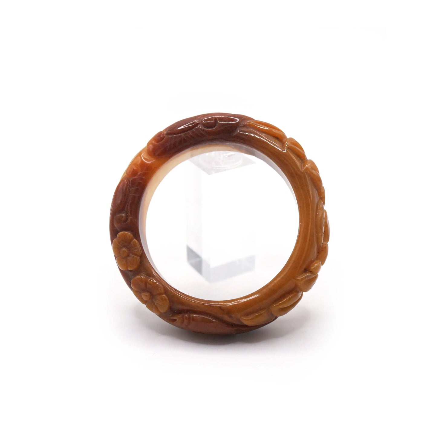 Mongolian quartzite jade bracelet in radiant orange-red, carved with blooming lotus petals and tiny buds that reflect light – Miruzi
