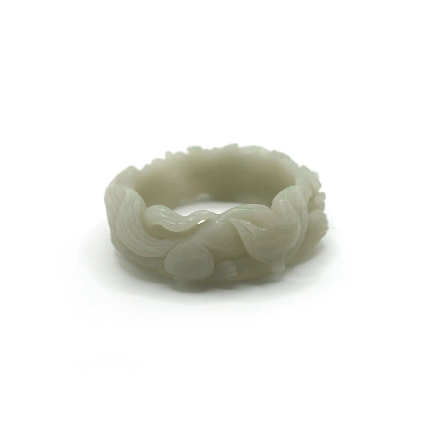 Mongolian jade bracelet in soft green tones, with a stylized fox curled opposite a blooming peony, hand-polished to a semi-matte finish – Miruzi