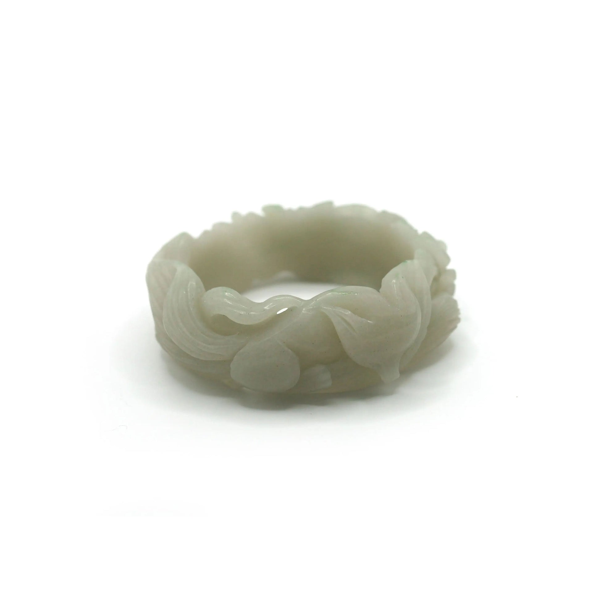 Mongolian jade bracelet in soft green tones, with a stylized fox curled opposite a blooming peony, hand-polished to a semi-matte finish – Miruzi