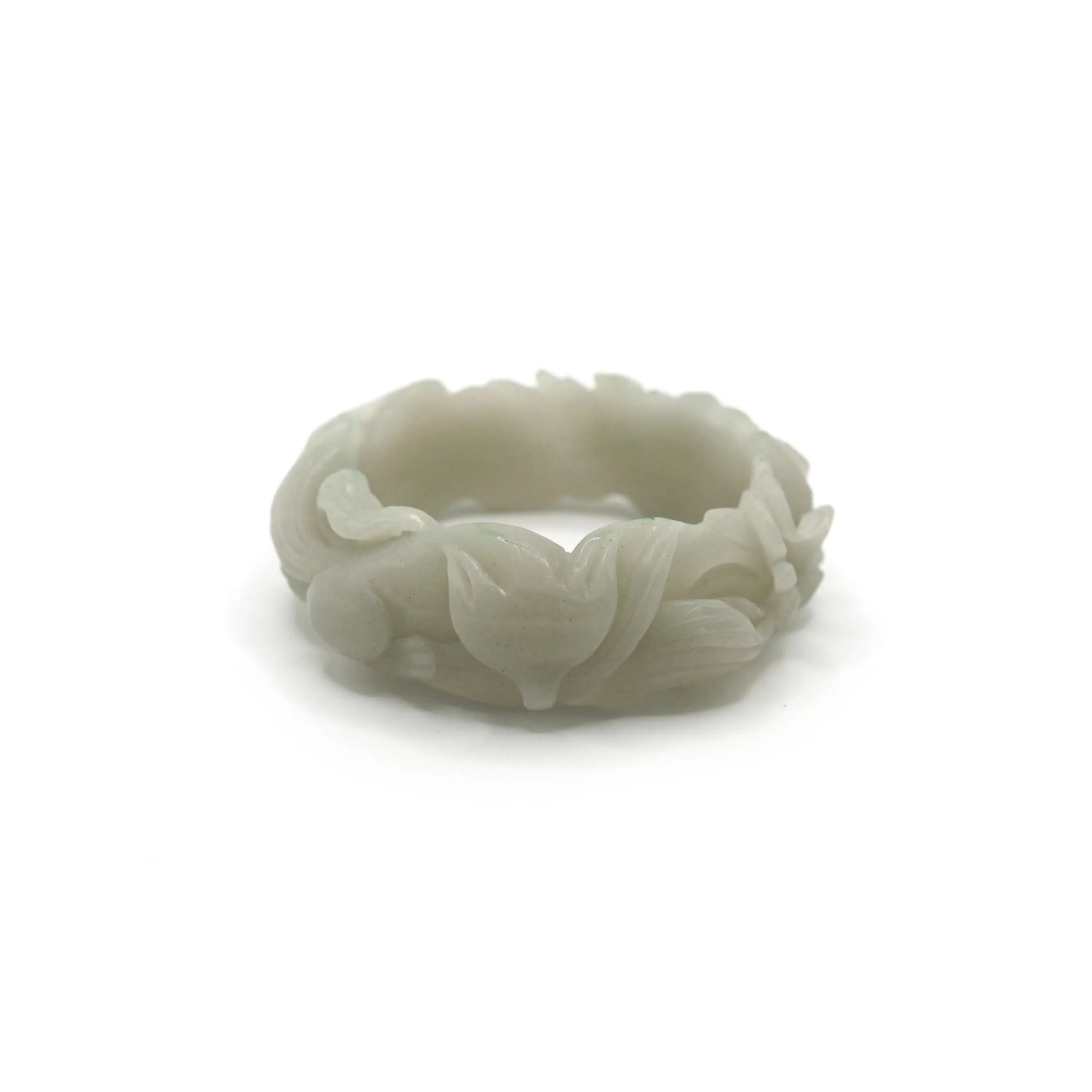 Hand-carved Mongolian jade bracelet with a full-relief fox and peony blossom in soft green stone, symbolizing myth, grace, and strength – Miruzi