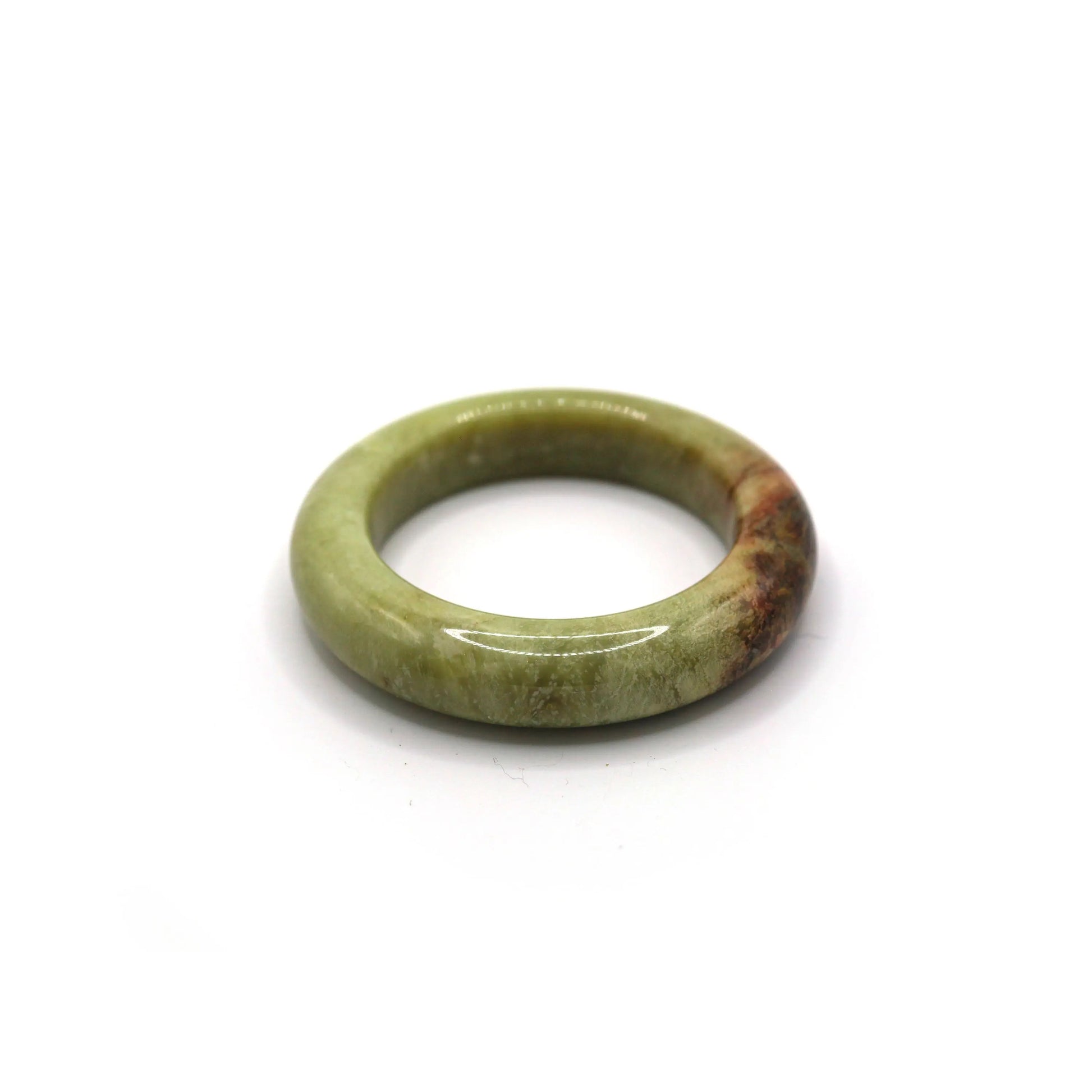 Side angle of jade bracelet showing layered red and green coloration Miruzi
