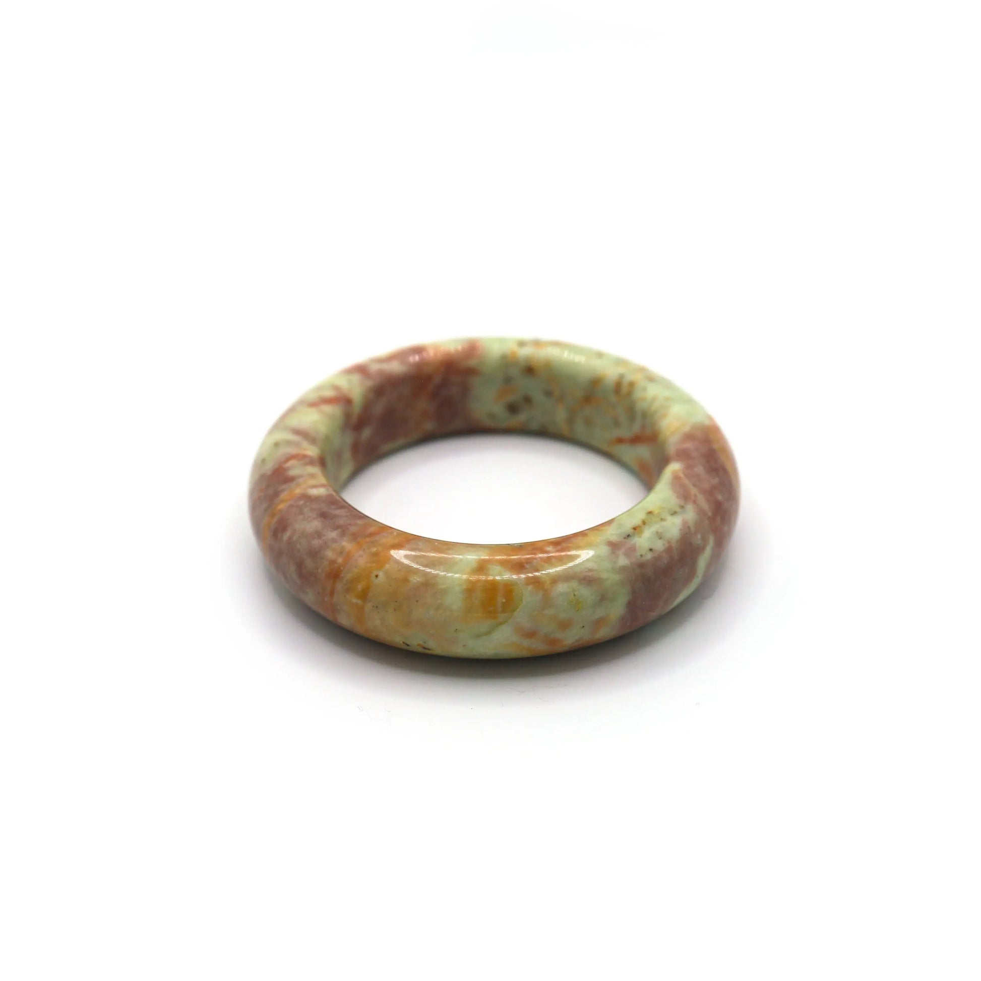 Multi-color jade bangle with swirls of pink, green, orange, and red on neutral background Miruzi