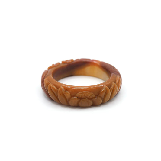 Vivid orange Mongolian jade bangle with high-relief lotus bloom and translucent ice-like zones that glow with natural warmth – Miruzi