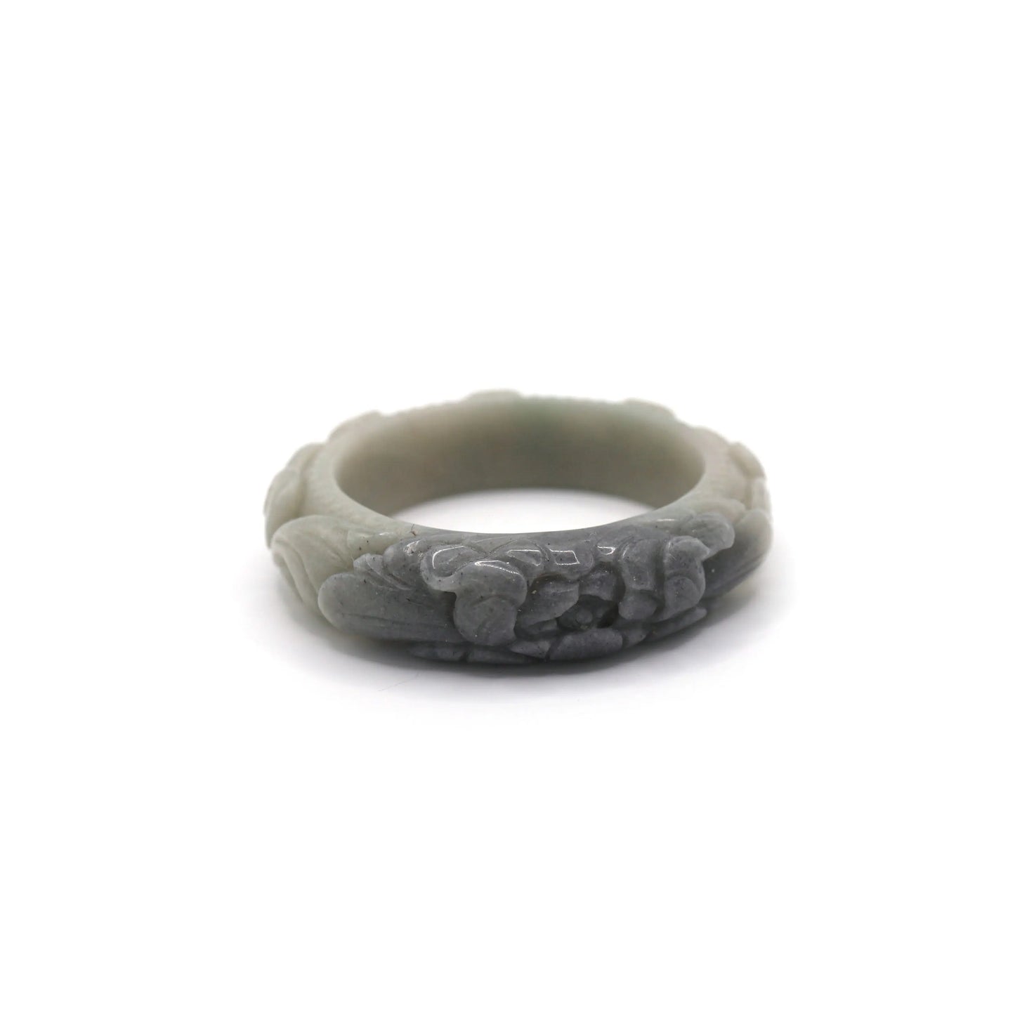 Smooth jade bangle in pale green with a carved smoky peony flower and cloud symbols representing harmony, fortune, and grace – Miruzi