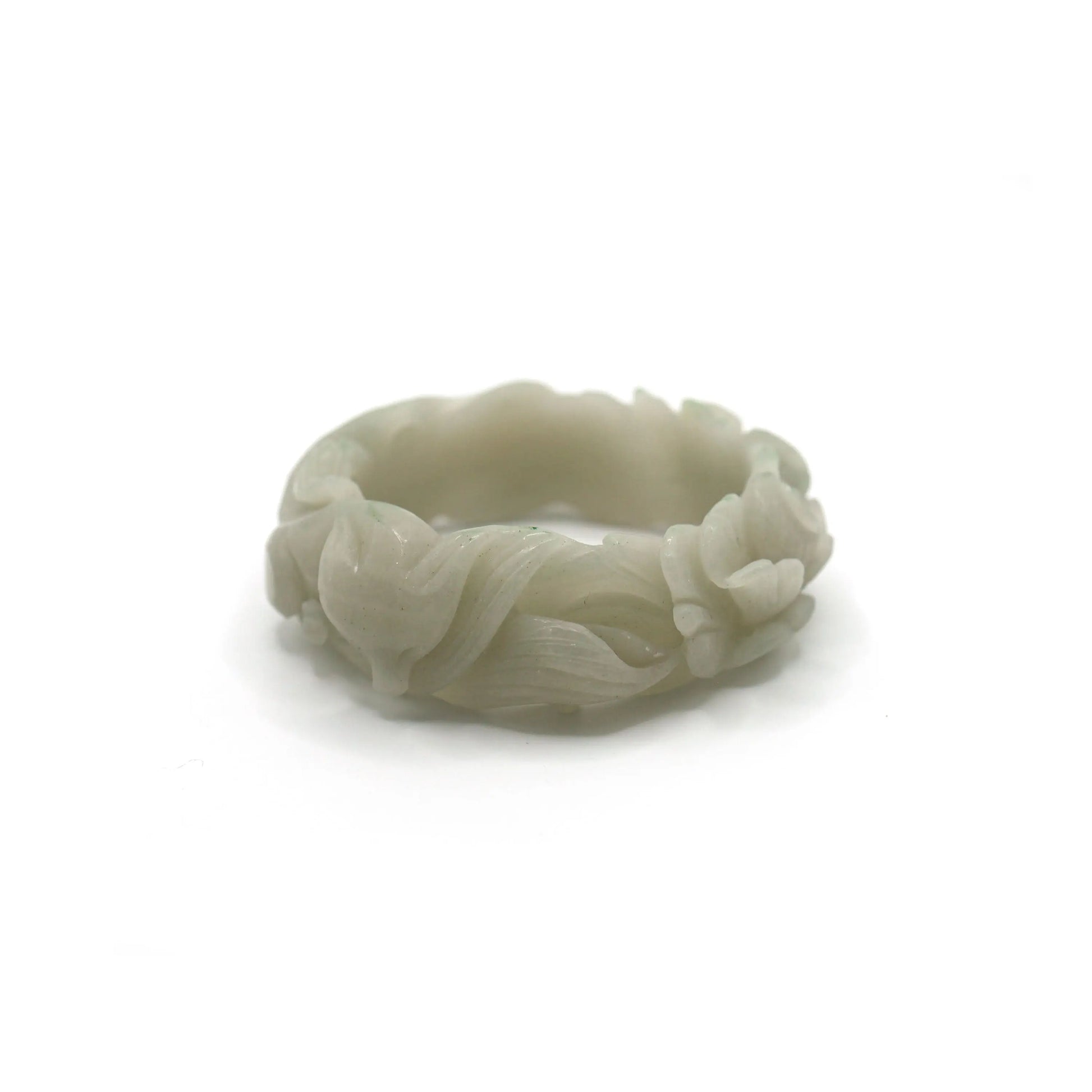 Pale green quartzite jade bangle featuring a sleeping fox on one side and a lush peony on the other, carved in deep relief – Miruzi
