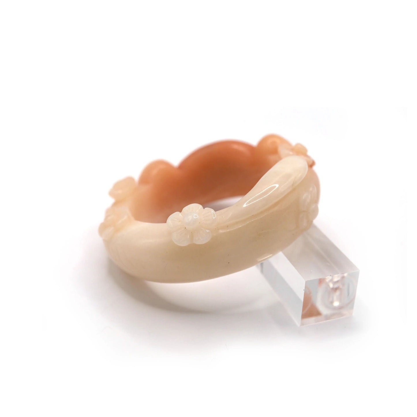 Mongolian quartzite jade bracelet featuring sculpted cat ears and floral carvings, with minor hand-carved imperfection adding unique charm – Miruzi