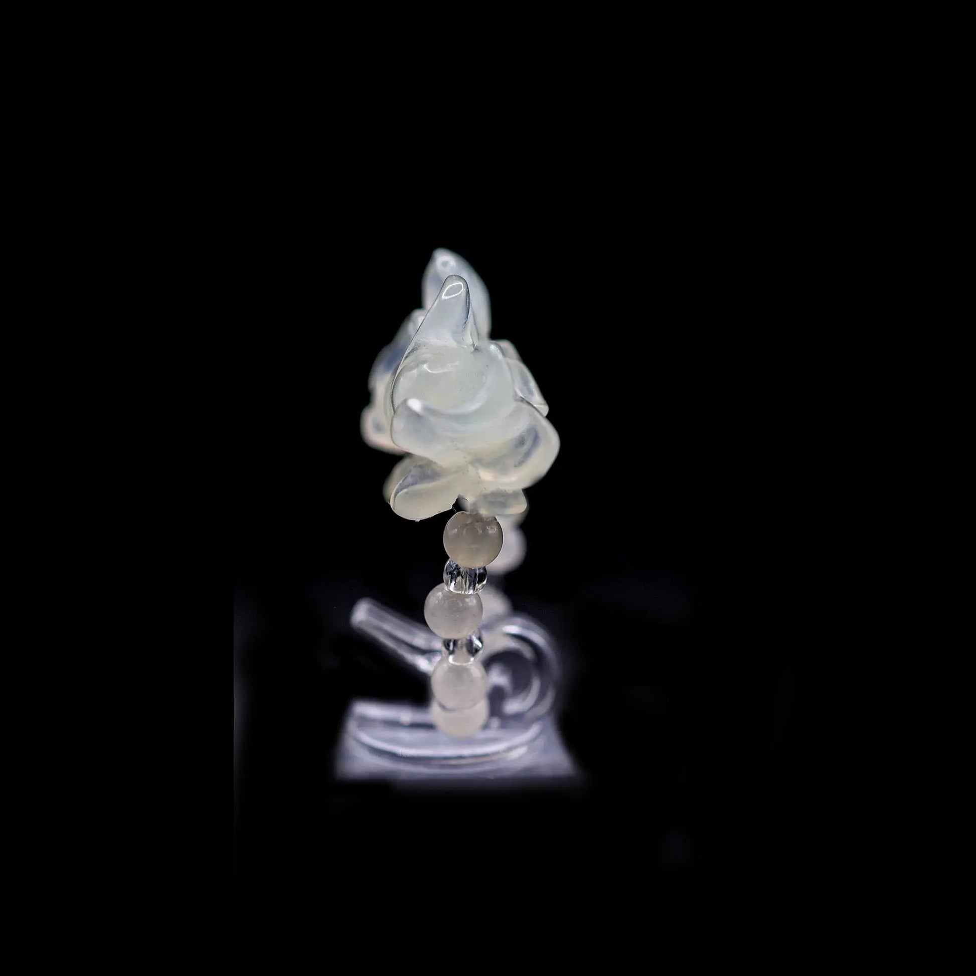 Handcrafted Serene Aqua Peony Adjustable Ring featuring a translucent, ice-clear serpentine base infused with a hint of pale aqua, showcasing a beautifully carved, three-dimensional peony. Perfect for summer, this ring combines ethereal beauty with the art of detailed craftsmanship, ideal for adding a touch of dreamy elegance to any outfit.