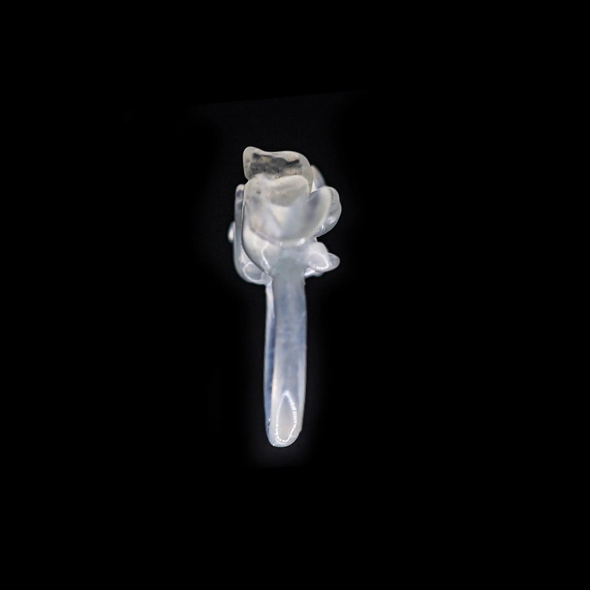Sublime Ice Magnolia Serpentine Ring featuring crystal-clear serpentine intricately carved into three-dimensional magnolia blossoms, symbolizing purity and natural beauty. The icy, translucent base enhances the floral details, making it a perfect blend of artistry and elegance.
