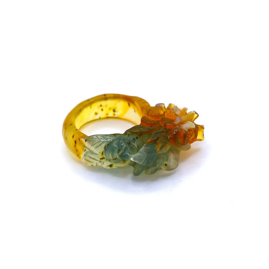 Handcrafted Tri-Color Serpentine Ring featuring blue-green, yellow, and white hues with delicate floral and leaf carvings